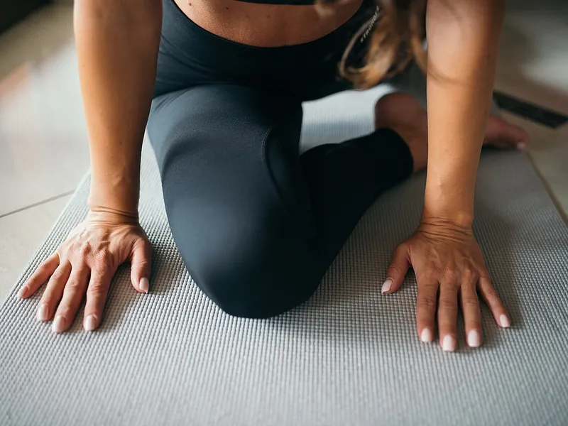 Hands and knees on a grey yoga mat (illustrative photo)