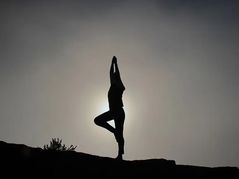 Silhouette of a person in tree pose at dusk (illustrative photo)